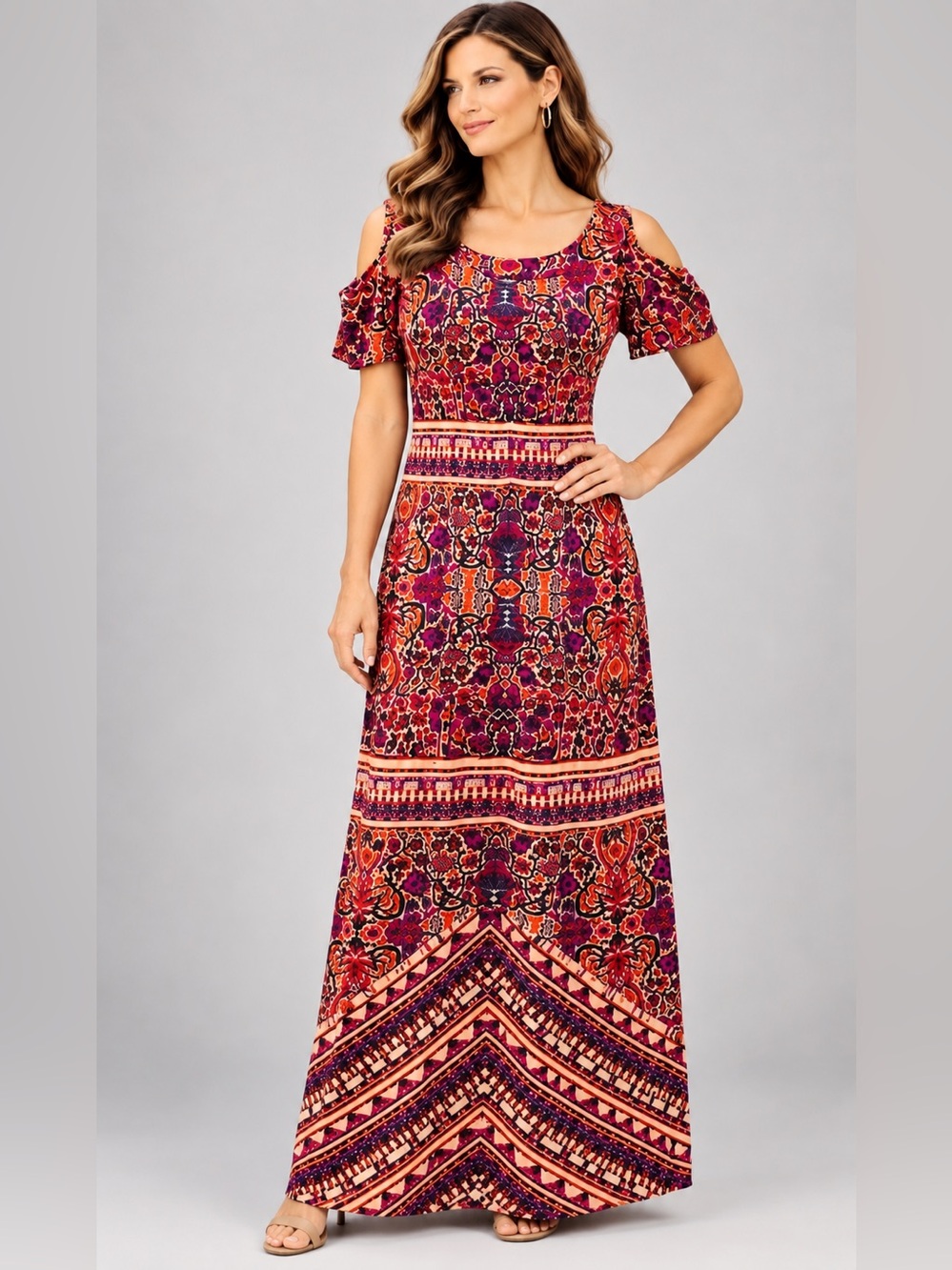 Emma & Michele Boho Maxi Dress Cold Shoulder Short Sleeve Size L
